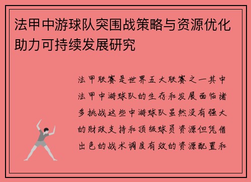 法甲中游球队突围战策略与资源优化助力可持续发展研究